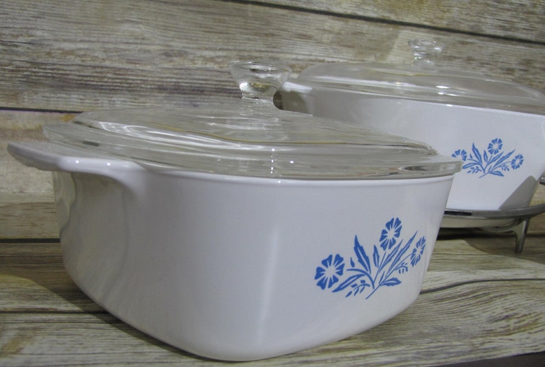 Vintage CORNINGWARE Blue Cornflower~THREE Casserole Dishes~w Glass Lids~Handle~TrivetCradle~Fireking Small Bowl Floral Pan Winter Wedding