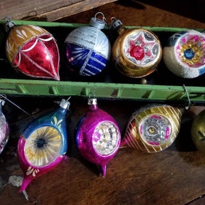 Vintage Mercury Poland Christmas Ornaments~Blue Silver Purple Red ~ Round and Atomic Star Indent Reflector~Winter Wedding Decor~Hand Painted