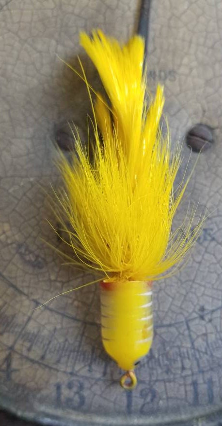 Vintage HEDDON Yellow Wilder-dilg Spook Bass Fly Rod Fishing Lure tackle  Baitblack Eyes Striped outdoors Rustic Fisherman Gift 