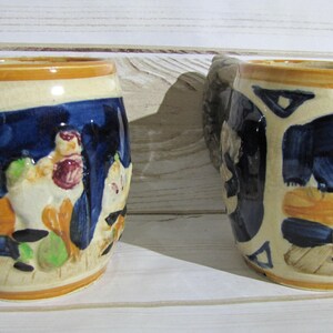 Vintage Hand Painted Porcelain Mugs~ 2 Matching Mugs ~ Beer Stein Blue Orange Green Gray  ~ Marked Japan ~ Old Country Rustic Kitchen Decor
