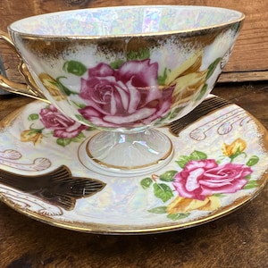 Vintage STERLING China Pink Rose Floral Teacup and Saucer ~ Lustre Pedestal Yellow Floral Black Gold Rim Accent ~ Wedding Bridal Shower Gift