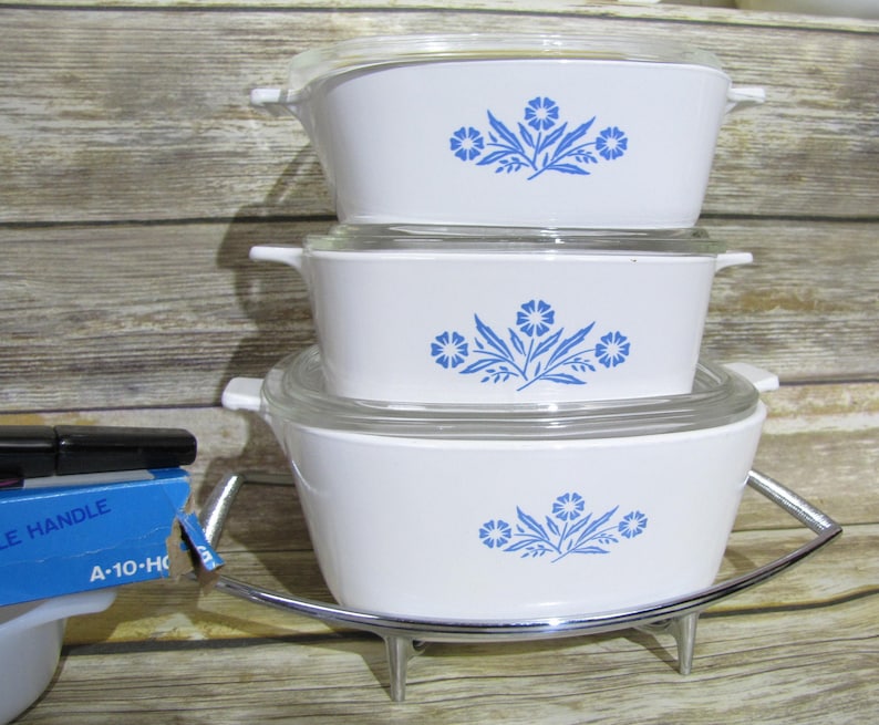 Vintage CORNINGWARE Blue Cornflower~THREE Casserole Dishes~w Glass Lids~Handle~TrivetCradle~Fireking Small Bowl Floral Pan Winter Wedding