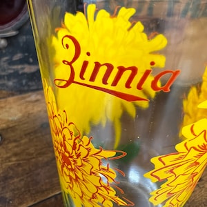 Vintage BOSCUL Zinnia Peanut Butter Drinking Glass~ Standard Size 5"~ Yellow/Gold & Orange Flower Name on Top~ Spring Summer Wedding Gift