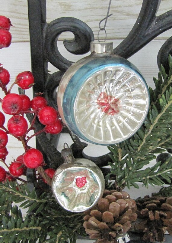 Vintage Mercury Poland Christmas Ornaments~Blue Silver Purple Red ~ Round and Atomic Star Indent Reflector~Winter Wedding Decor~Hand Painted