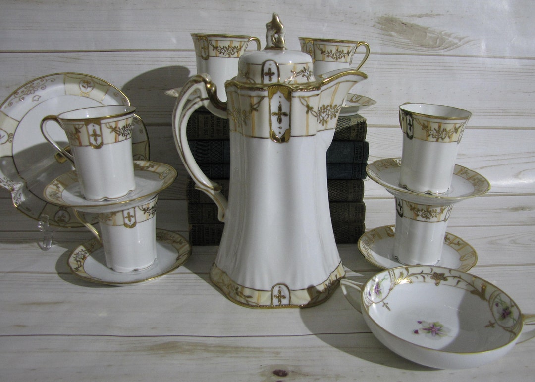 Antique NIPPON Morimura Hand Painted Gilded Chocolate Set M Wreath