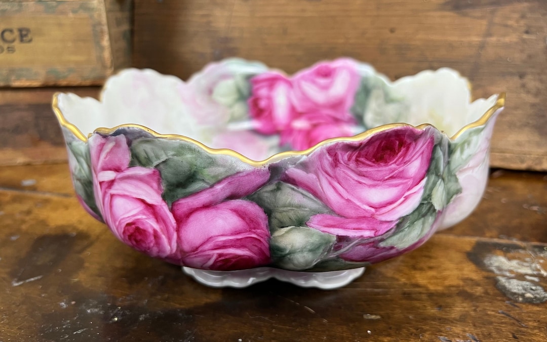 A&C13239 薔薇や春の花のコンポート Limoges GD&C フランス製 Haviland Limoges France Pink Cabbage Roses Porcelain Bowl