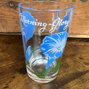 Vintage BOSCUL JUICE Morning Glory Peanut Butter Drinking Glass~ Size 3 3/4" Blue Flowers with White Center ~ Spring Wedding Shower Gift