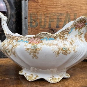 Antique UPPER HANLEY Kings Border Semi Porcelain Pottery Gravy Boat~ Pink Blue Brown Floral Gold~Victorian Wedding Decor~ Bridal Shower