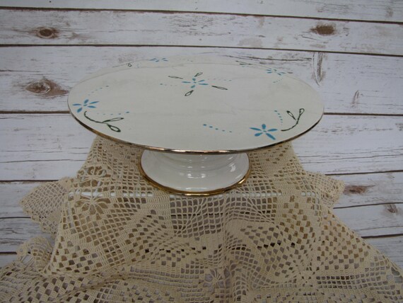 Handmade Cake Stand Ceramic ~ Dessert Stand~ Ivory White with Gold Trim ~ Creamy White Vintage ~ Blue Flowers ~ Decorated with Gold and Teal