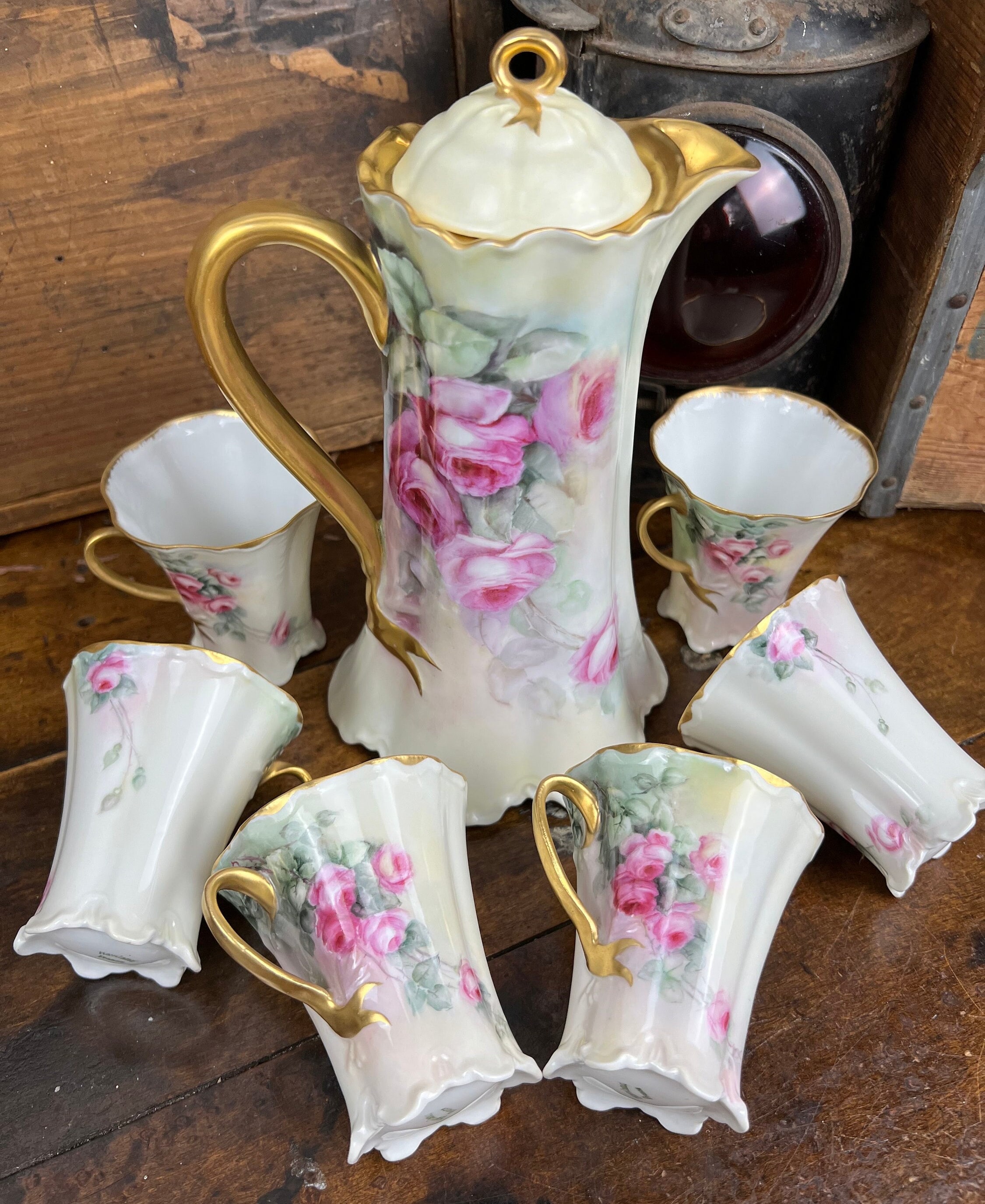 Haviland Limoges France Chocolate Pot Set Pink Cabbage Roses