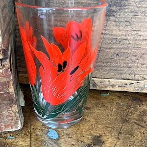 Vintage BOSCUL JUICE Tulips Peanut Butter Drinking Glass~ Size 3 3/4" Red Flowers with Black Centers~ Red Name ~Spring Wedding Shower Gift
