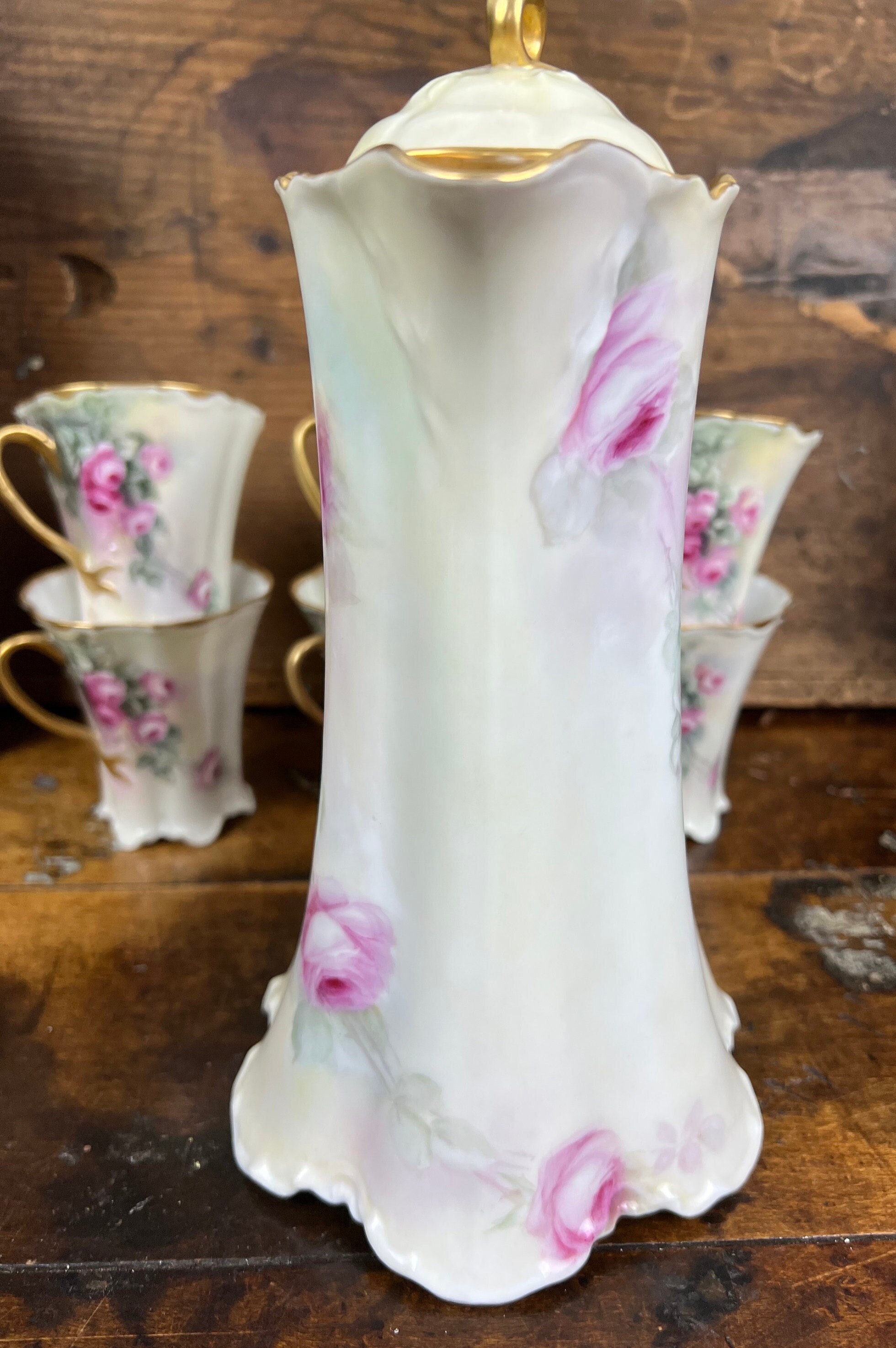 Haviland Limoges France Chocolate Pot Set Pink Cabbage Roses