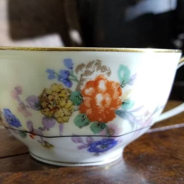 Vintage THEODORE HAVILAND Limoges JEWEL Teacup Coffee Cup ~ Orange Yellow Blue Flower Blossoms ~ Country Cottage Wedding Antique