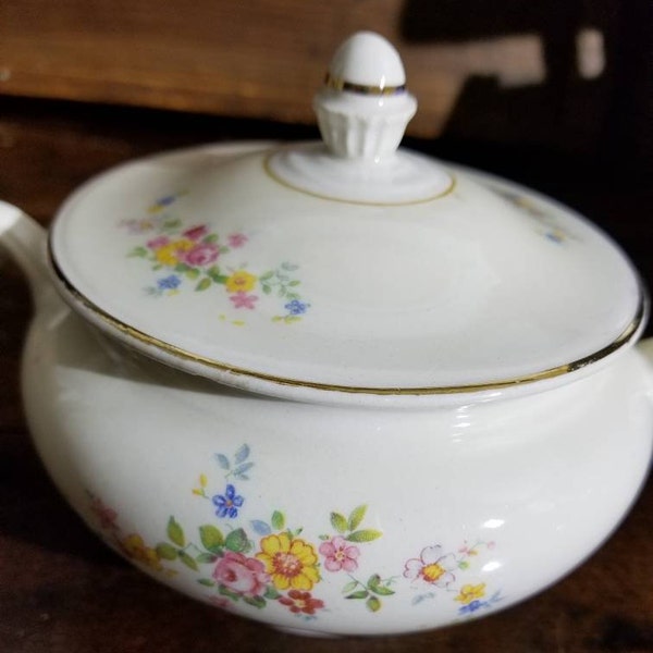 Vintage HOMER LAUGHLIN Eggshell Nautilus Round Sugar Bowl w Lid Pink Yellow Golden Blossoms Blue Floral Gold Rim Porcelain~Farmhouse Country