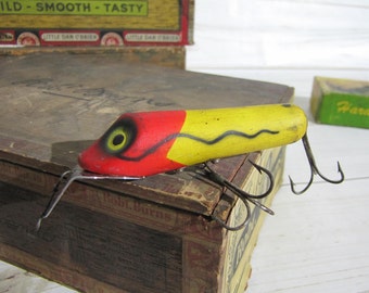 Vintage SOUTH BEND Pike Oreno~Fireplug Fishing Lure Firelacquer Finish w Black Shadow Wave~Fluorescent Gatron Saturn Yellowish Orange Red