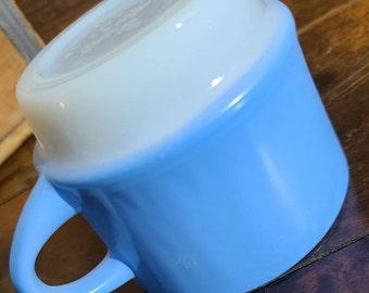 Vintage FIRE KING Anchor Hocking Short Tea or Coffee Cup or Mug~ Milk Glass w Blue and White ~ Holiday Party Christmas Gift~ Retro