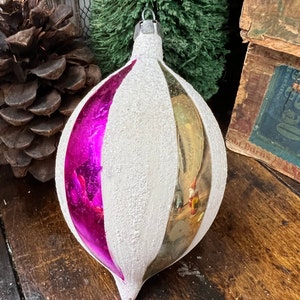 Vintage POLAND Christmas Ornament| Jumbo Teardrop Mica Striped Gold Fuchsia Ornament |Aluminum Tree Decor RETRO Winter Wedding Holiday Gift