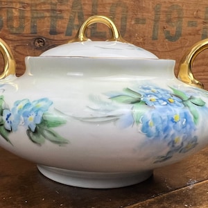 Antique Wm Guerin, WG & Co, Limoges France Sugar Bowl~ Blue Flowers Forget-Me-Nots~ Gold Handles~Artist Signed H. Nise~Victorian Wedding