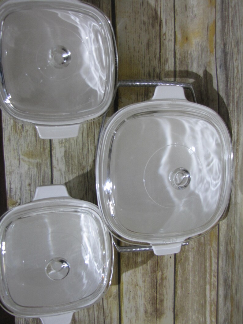 Vintage CORNINGWARE Blue Cornflower~THREE Casserole Dishes~w Glass Lids~Handle~TrivetCradle~Fireking Small Bowl Floral Pan Winter Wedding