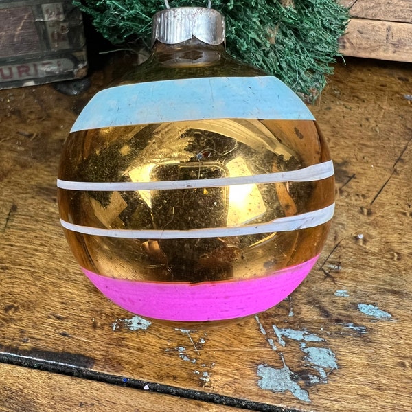 Vintage SHINY BRITE Round Christmas Ornament Gold with Pink and Blue Stripes Aluminum Tree Decor RETRO Winter Wedding Holiday