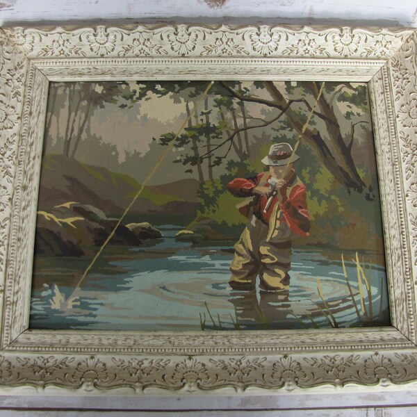 1960s Paint By Number Fisherman~Decorative Wood Frame~ Fly Fishing Nature Scene Vintage Picture Art Painting Rustic Hunting Farmhouse Decor