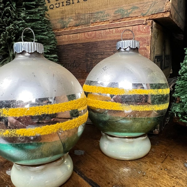 Vintage SHINY BRITE Silver Yellow Mica Green Stripe ~Two Christmas Ornaments~ Silver Aluminum Tree Decor RETRO Winter Wedding Holiday