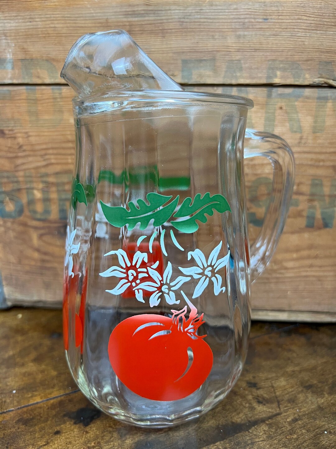 Vintage JUICE Pitcher Glass With Red Tomatoes With White & Etsy