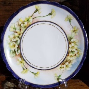 Antique JPL FRANCE Jean Pouyat Limoges Dessert~Bread n Butter Plate~Hand Painted w Blue Rim & Gold Accent Yellow White  Blossoms Flowers