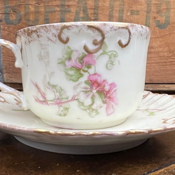 Antique Klingenberg and Dwenger AK CD Limoges France Teacup Saucer~Pale Yellow Pink Purple Flowers Green Leaves Gold Rim Scalloped~Victorian