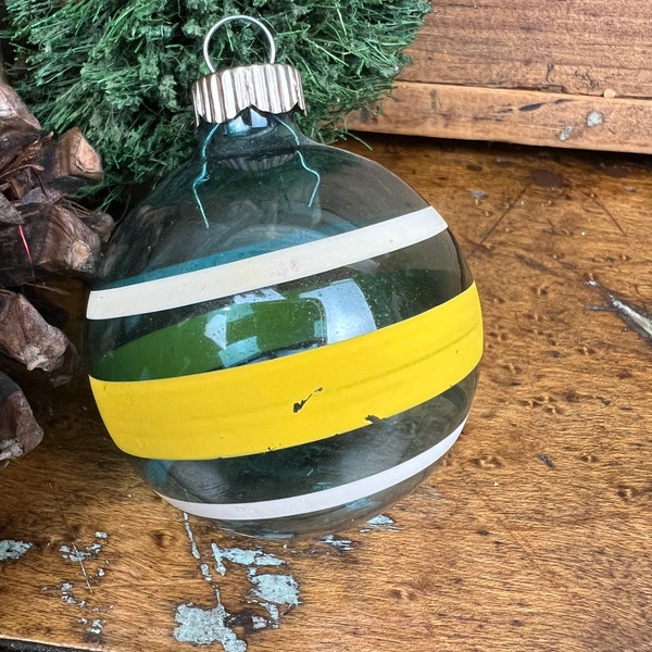 Vintage UNSILVERED Shiny Brite Green Christmas Ornament Round White BlueYellow Stripes Smaller Side ~ MCM~ RETRO Winter Wedding Tree Decor