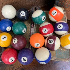 Vintage Pool Balls Set| Black Number Pool Ball| Rustic Retro Billiard Balls| Gameroom Decor| Gift Family Game Night| Pool Table Pocket Ball