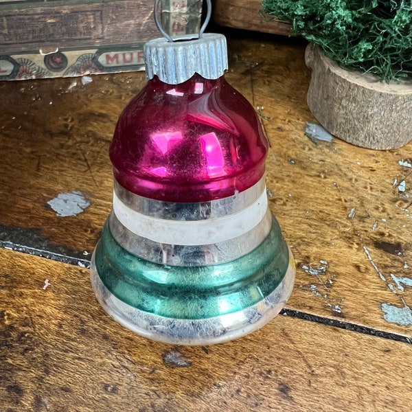 Vintage SHINY BRITE Small Bell Christmas Ornament Magenta White Green Stripes~ Silver Aluminum Tree Decor RETRO Winter Wedding Holiday