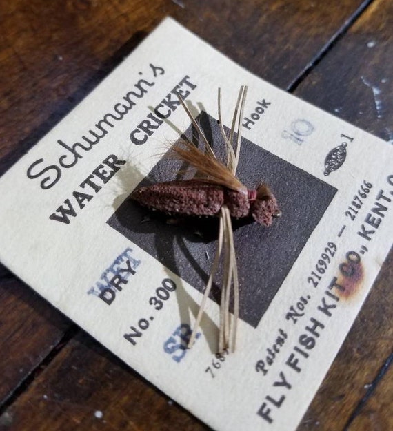 Vintage SCHUMANN'S WATER Cricket Fly Rod Fishing Lure tackle Bait fly Fish  Kit Co outdoors Rustic Fisherman Gift on Card Dry Lure Brown 