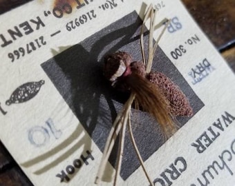 Vintage SCHUMANN'S WATER Cricket Fly Rod Fishing Lure ~Tackle Bait ~Fly Fish Kit Co ~Outdoors Rustic Fisherman Gift on Card ~ Dry Lure Brown