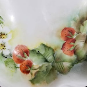 Vintage BAVARIA STRAWBERRY Porcelain Dessert Bowl~Bon Bon Dish~HandPainted Berrys Green Leaves Gold Rim Scalloped Ruffle Edge Artist S.D.