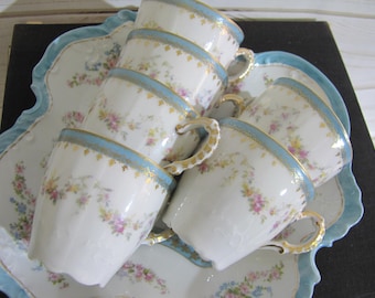 Antique Lewis Straus and Sons Limoges France Demitasse Cups w Saucers Set of Six LS & S Floral Pink Blue Gold~w round Serving Bowl Mismatch