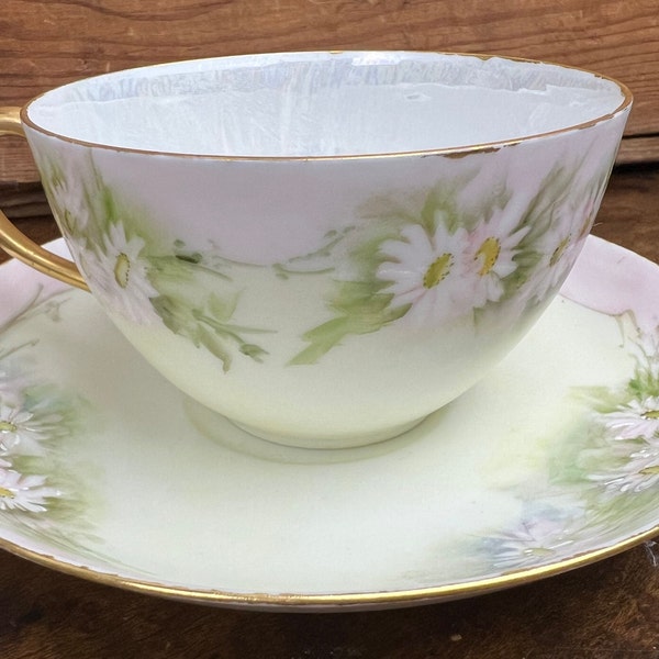 Antique HAVILAND France Limoges Floral Teacup with Saucer~White Daisy Pale Purple Green Yellow Colors Gold Handle Victorian Wedding Bridal