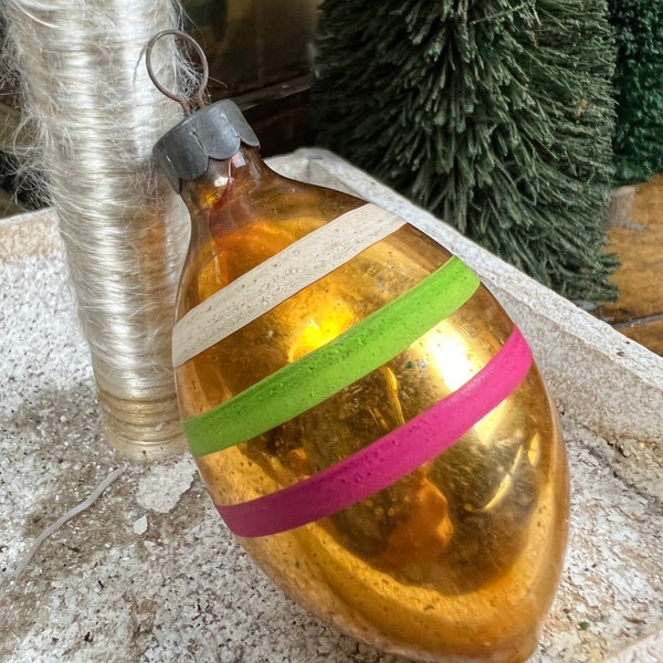 Vintage SHINY BRITE Teardrop Christmas Ornament Gold with White Green Pink Stripes Diamond Aluminum Tree Decor RETRO Winter Wedding Holiday