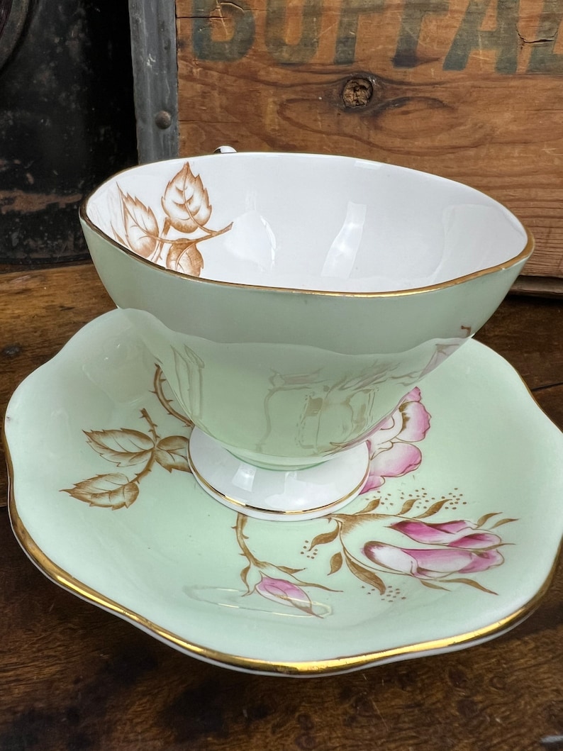 Vintage FOLEY CHINA Pink Rose Green Teacup and Saucer ~fine Bone China ...