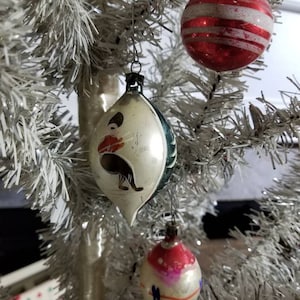Vintage POLAND Christmas Ornaments THREE~Small Teardrop~One Skier Indent~Red Round Striped~Blue Green White Silver~Winter Wedding Decor Tree