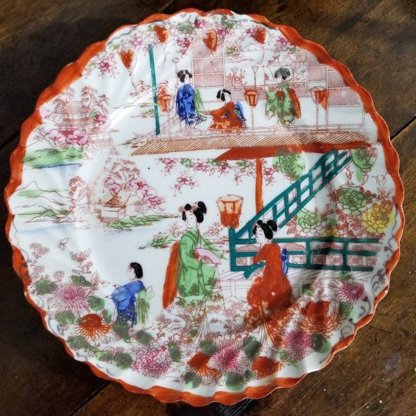 Vintage Japan Geisha Girls in Kimonos Scalloped Plates~Hand Painted Cherry Blossom Brick Red Accent~Possibly??Nippon~Porcelain Set of Five