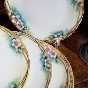 Vintage THOMAS Bavaria Hand Painted Porcelain Cake Plates Set of Five PinkAppleBlossoms Gold Accent~SoftYellow Teal Blue Artist M.C. Edwards
