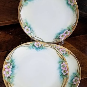 Vintage THOMAS Bavaria Hand Painted Porcelain Cake Plates Set of THREE PinkAppleBlossoms Gold Accent~SoftYellow Teal Blue Artist M.C.Edwards