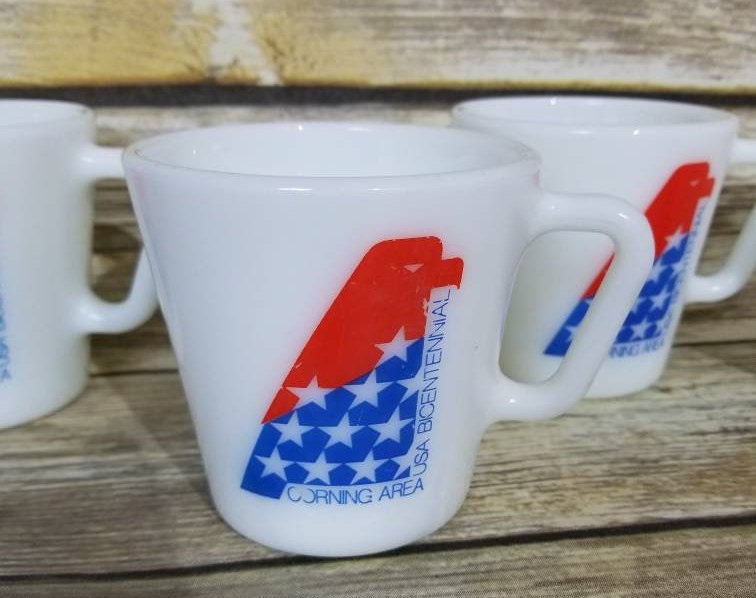 Vintage PYREX Bicentennial Corning Area Coffee Mugs~Red White Blue~Eagle Stars American Flag~Farmhouse  Collectible Fourth of July Picnic