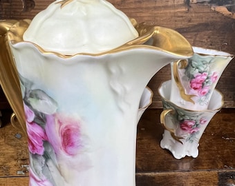 Haviland Limoges France Chocolate Pot Set Pink Cabbage Roses