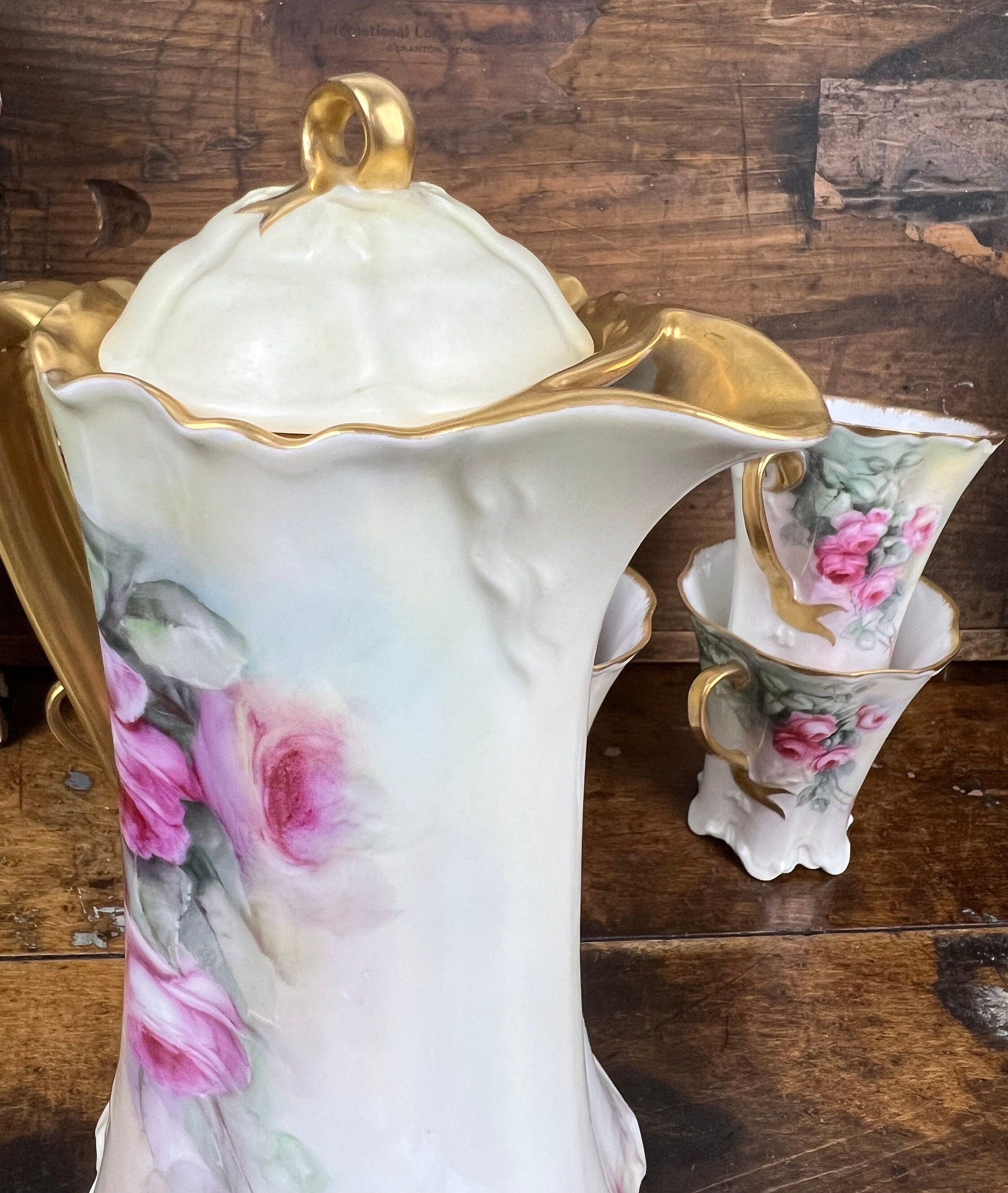 Haviland Limoges France Chocolate Pot Set Pink Cabbage Roses