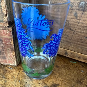 Vintage BOSCUL JUICE Asters Peanut Butter Drinking Glass~ Size 3 3/4" Dark Blue Flowers with Blue Name on Top ~ Spring Wedding Shower Gift
