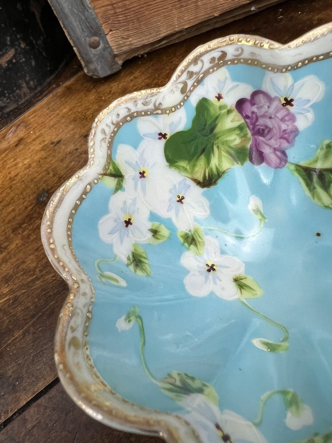 Vintage ROYAL Kinran NIPPON Footed Small Bowl Turquoise With White