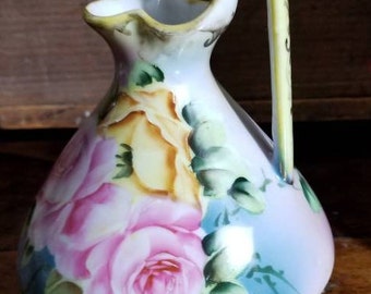 Antique 1900's Maple Leaf Nippon Hand Painted Porcelain Floral Ewer~Jug~Pitcher~ Beautiful Pink Roses~ Gold Design Blue Green Floral Wedding