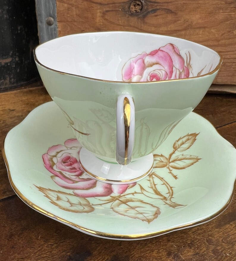 Vintage FOLEY CHINA Pink Rose Green Teacup and Saucer ~fine Bone China ...